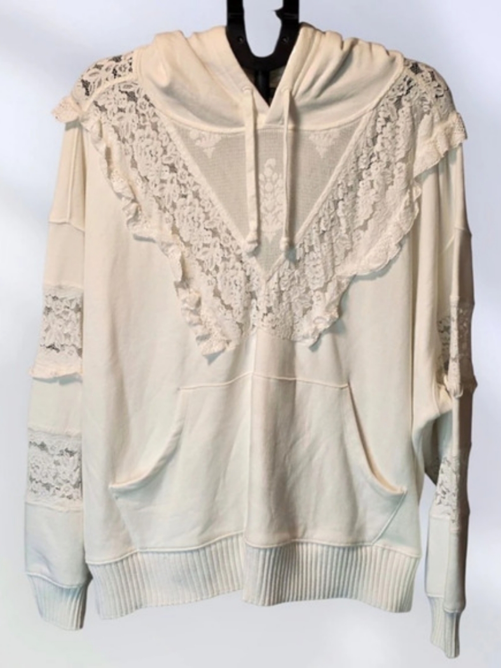 FP Movement Lace Trim Pullover Hoodie in White Like New